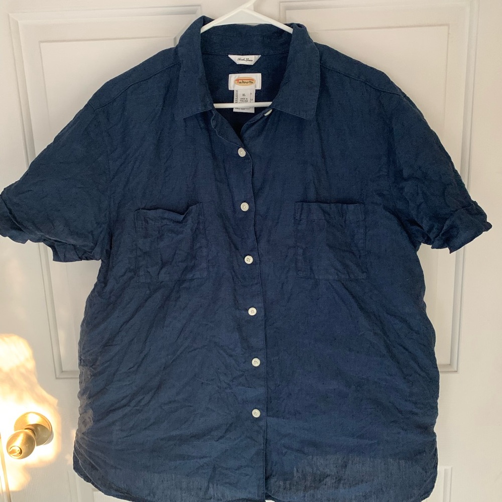 Talbots Irish linen Navy Blue Button Down Shirt Short Sleeve, size XL